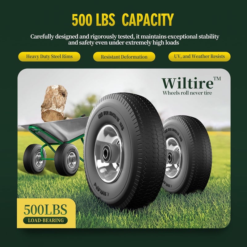 Wiltire (عبوة 2) 4.10/3.50-4 إطار وعجلة خالية من الهواء بقطر 10 بوصات مع محامل إضافية 5/8 و 3/4 و 1/2، محور مائل 2.2 بوصة - متوافق مع عربات اليد وعربات النقل (موجة، رمادي) - Image 4